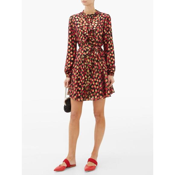 Saloni Red Gold Silk Tilly Floral Print Polka Dot Mini Dress Size 4 - Picture 1 of 7